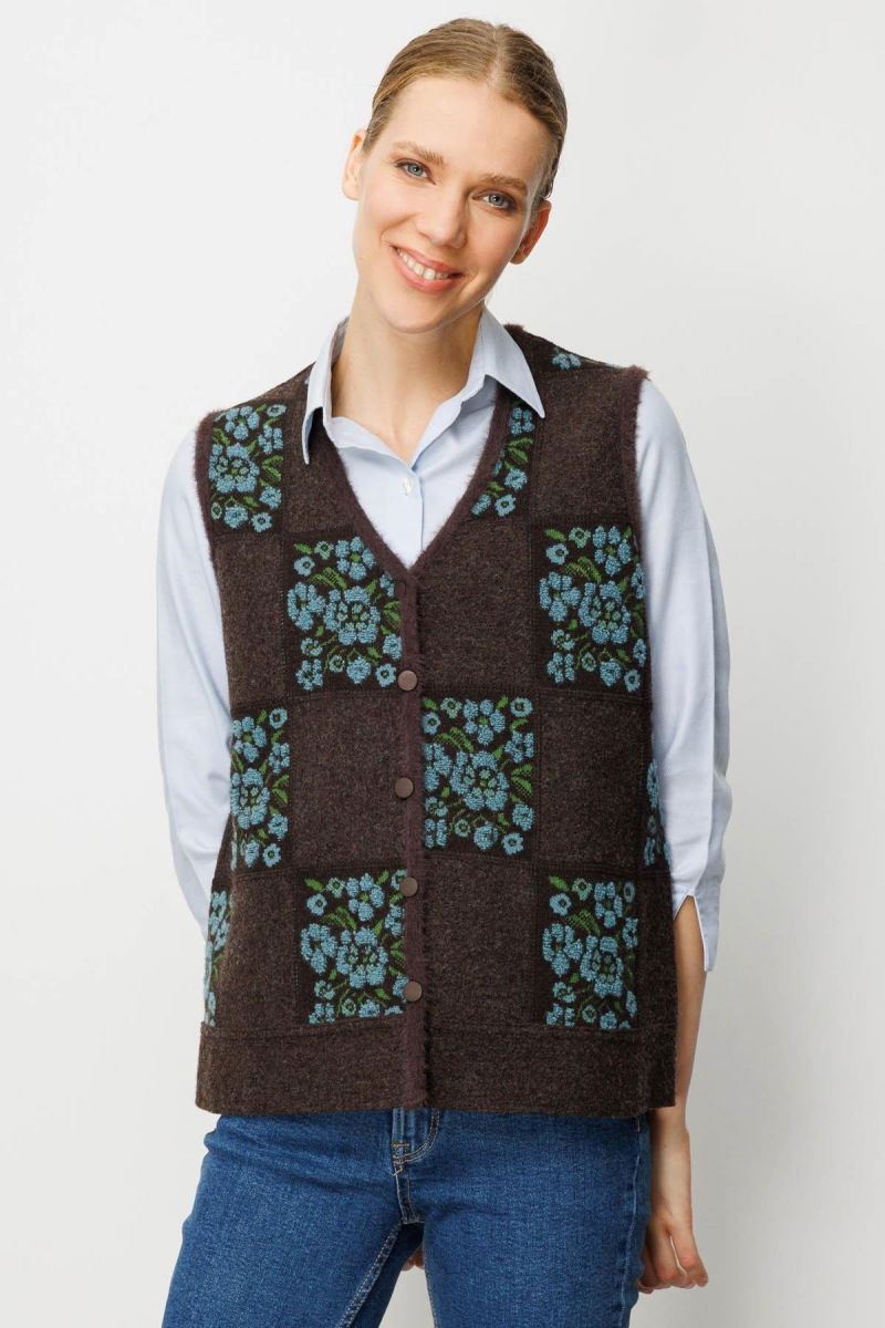 Desen Triko Kadın Pıtırcık Çiçekli Patchwork Keçe Yün Yelek 24084 K.Kahve-Mint 