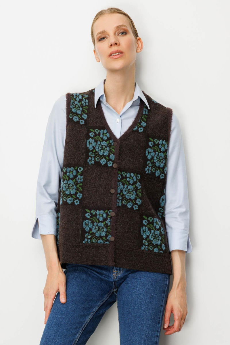 Desen Triko Kadın Pıtırcık Çiçekli Patchwork Keçe Yün Yelek 24084 K.Kahve-Mint - 3