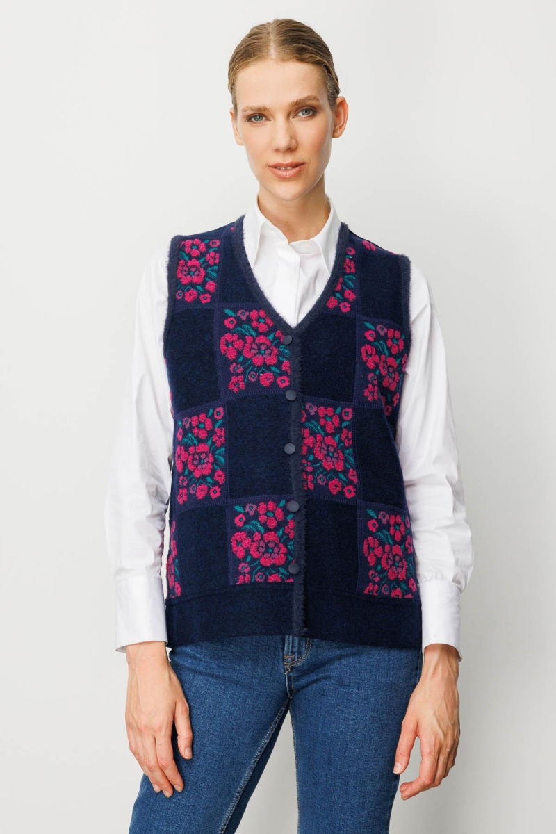 Desen Triko Kadın Pıtırcık Çiçekli Patchwork Keçe Yün Yelek 24084 Sıklamen - Desen Triko