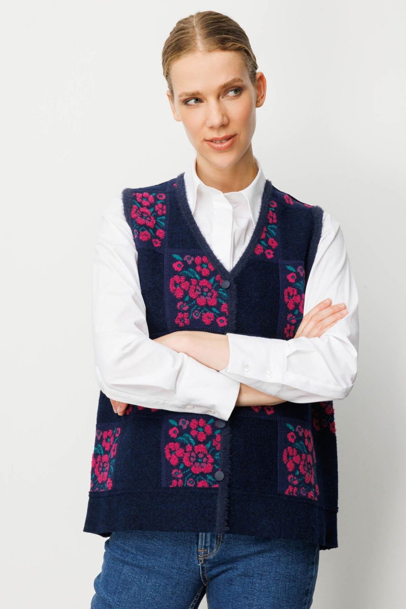 Desen Triko Kadın Pıtırcık Çiçekli Patchwork Keçe Yün Yelek 24084 Sıklamen - 4