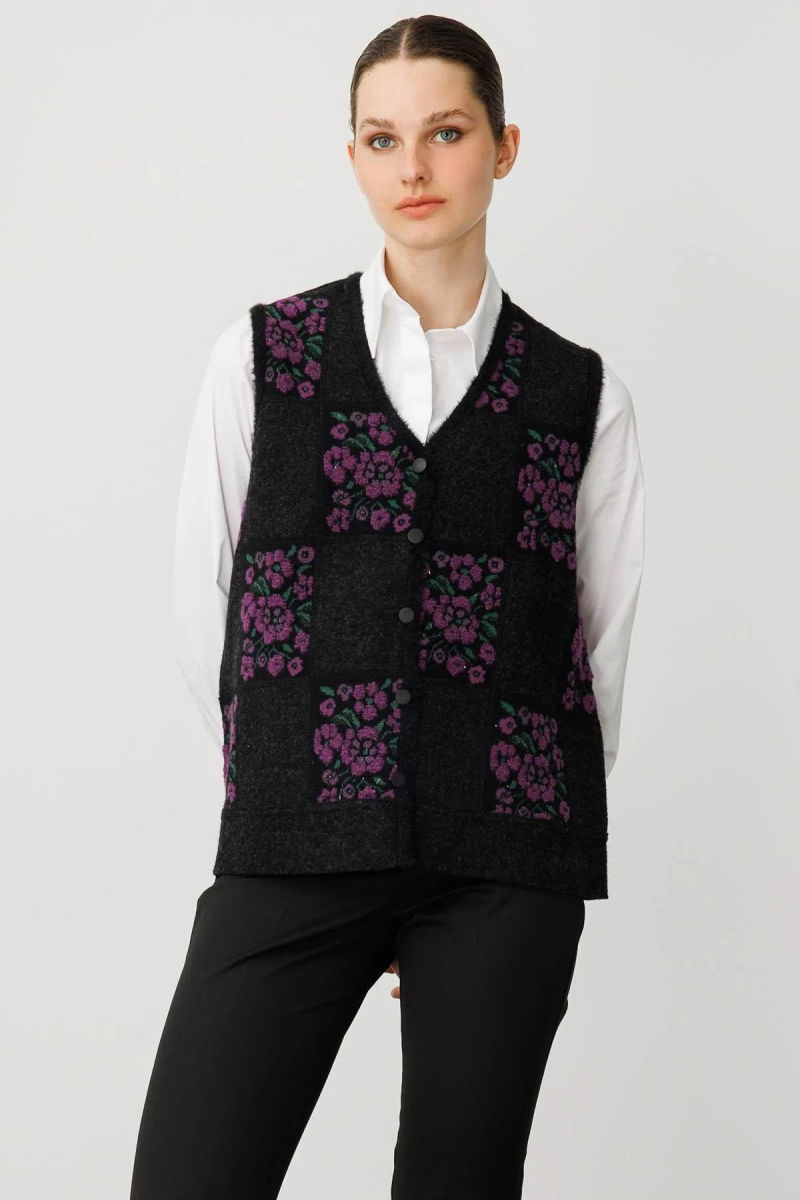 Desen Triko Kadın Pıtırcık Çiçekli Patchwork Keçe Yün Yelek 24084 Siyah-A.Mor 