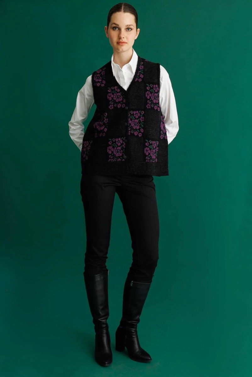 Desen Triko Kadın Pıtırcık Çiçekli Patchwork Keçe Yün Yelek 24084 Siyah-A.Mor - 3