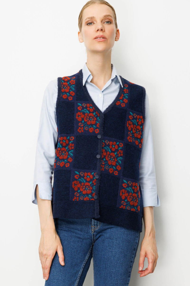 Desen Triko Kadın Pıtırcık Çiçekli Patchwork Keçe Yün Yelek 24084 Y.A.Laci-Kiremit 