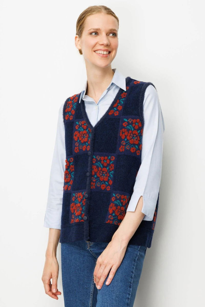 Desen Triko Kadın Pıtırcık Çiçekli Patchwork Keçe Yün Yelek 24084 Y.A.Laci-Kiremit - 2