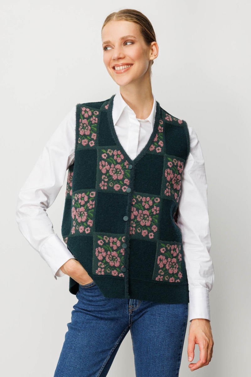 Desen Triko Kadın Pıtırcık Çiçekli Patchwork Keçe Yün Yelek 24084 Yeşil G.Kurusu 
