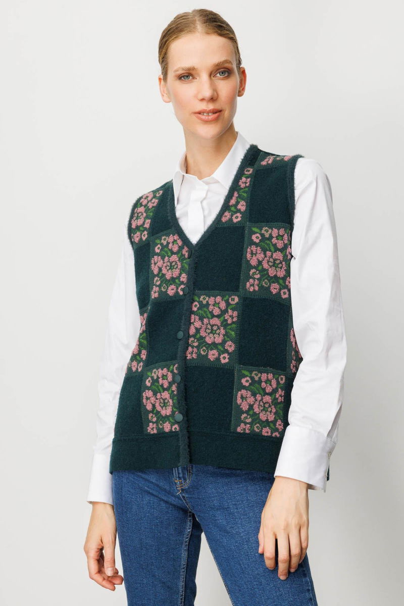 Desen Triko Kadın Pıtırcık Çiçekli Patchwork Keçe Yün Yelek 24084 Yeşil G.Kurusu - 2