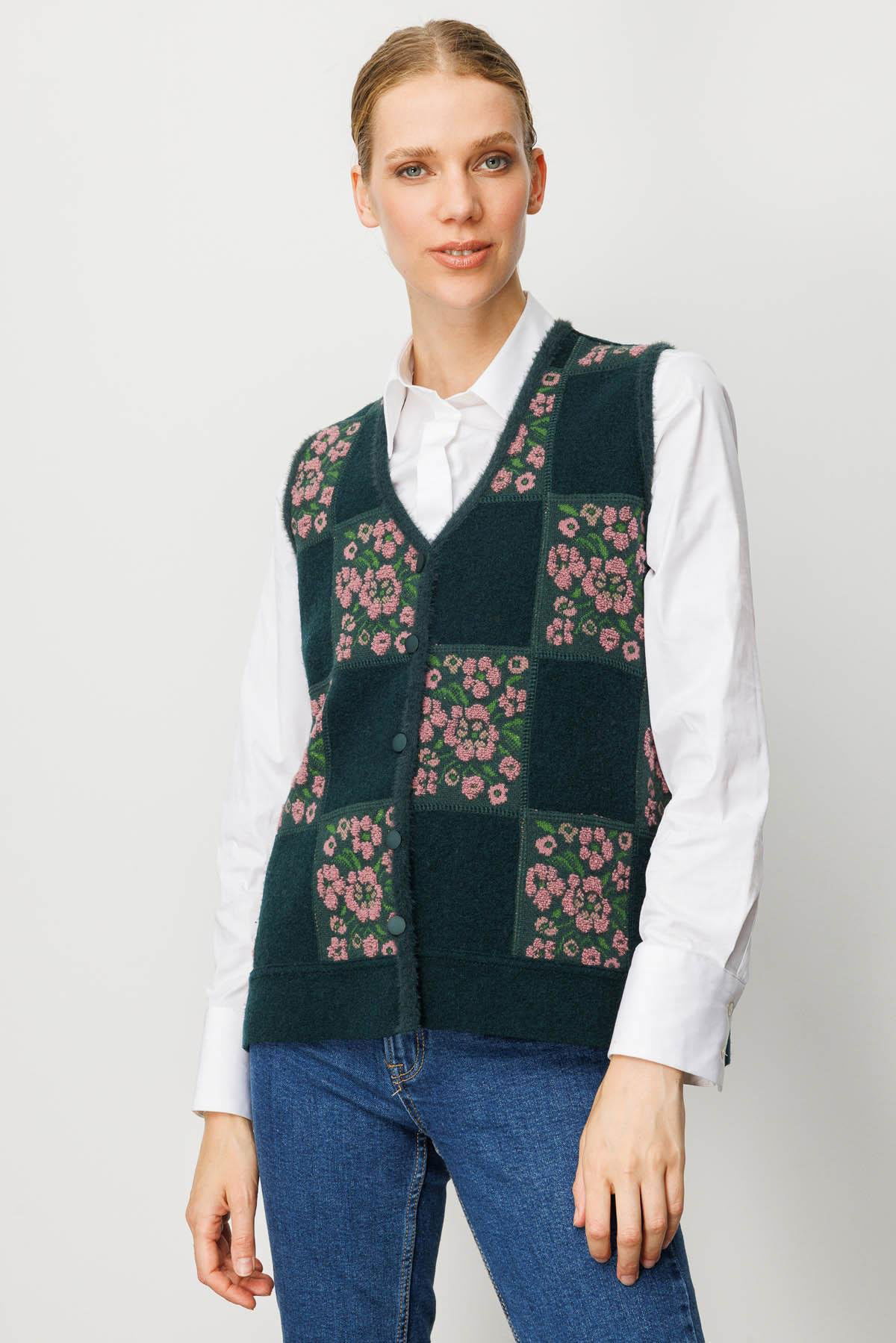 Desen Triko Kadın Pıtırcık Çiçekli Patchwork Keçe Yün Yelek 24084 Yeşil G.Kurusu - 2