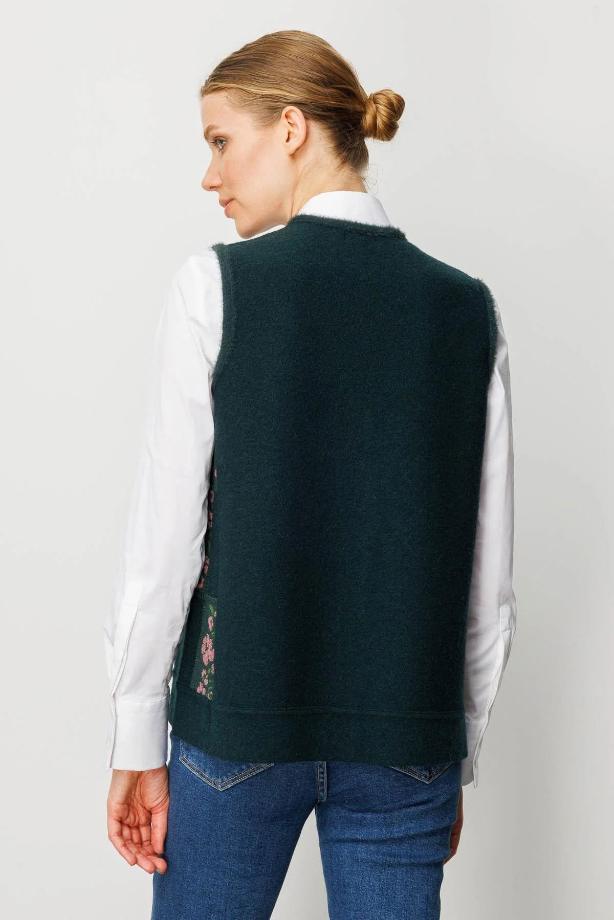Desen Triko Kadın Pıtırcık Çiçekli Patchwork Keçe Yün Yelek 24084 Yeşil G.Kurusu - 4
