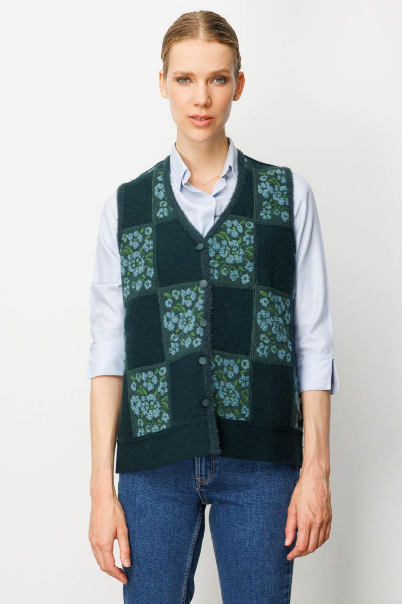 Desen Triko Kadın Pıtırcık Çiçekli Patchwork Keçe Yün Yelek 24084 Yeşil-Mint - 2