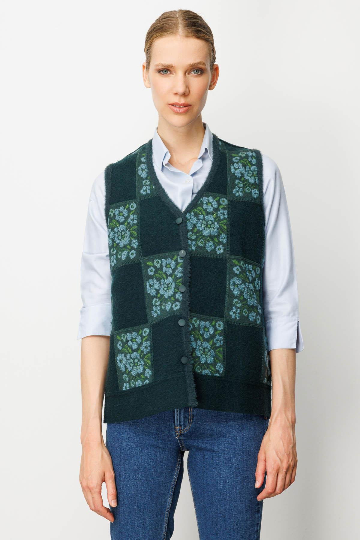 Desen Triko Kadın Pıtırcık Çiçekli Patchwork Keçe Yün Yelek 24084 Yeşil-Mint - 2