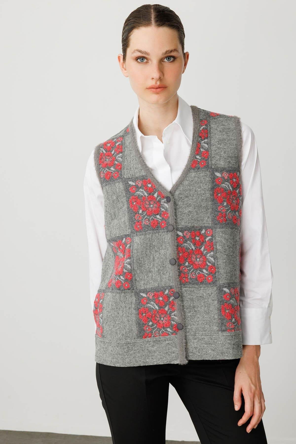 Desen Triko Kadın Pıtırcık Çiçekli Patchwork Keçe Yün Yelek 24084 Y.Füme-Y.Ş Pembe - 1