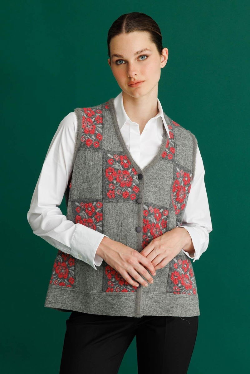 Desen Triko Kadın Pıtırcık Çiçekli Patchwork Keçe Yün Yelek 24084 Y.Füme-Y.Ş Pembe - 2
