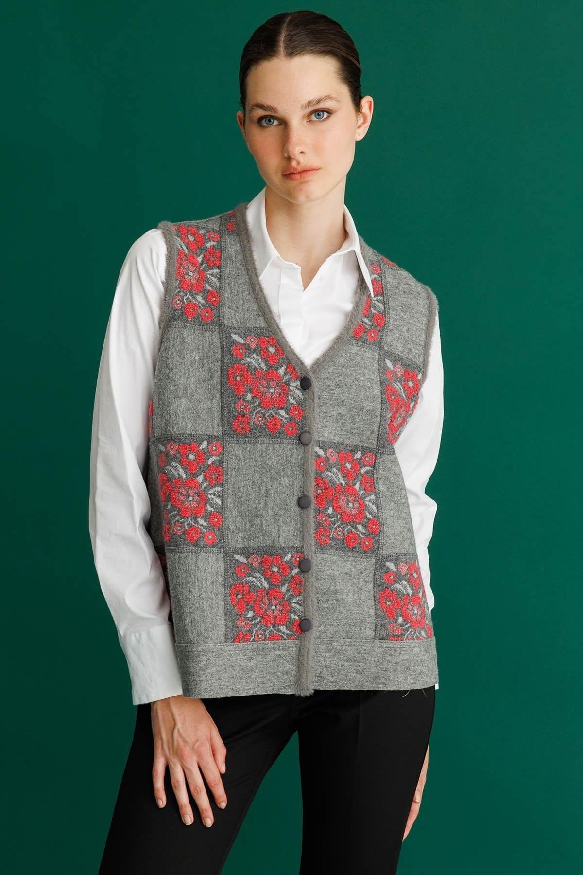 Desen Triko Kadın Pıtırcık Çiçekli Patchwork Keçe Yün Yelek 24084 Y.Füme-Y.Ş Pembe - 3