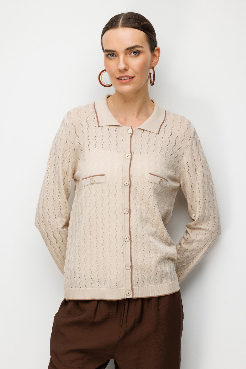 Desen Triko Kadın Polo Yaka Ajurlu Araboy İnce Triko Hırka 26356 Bej - Desen Triko