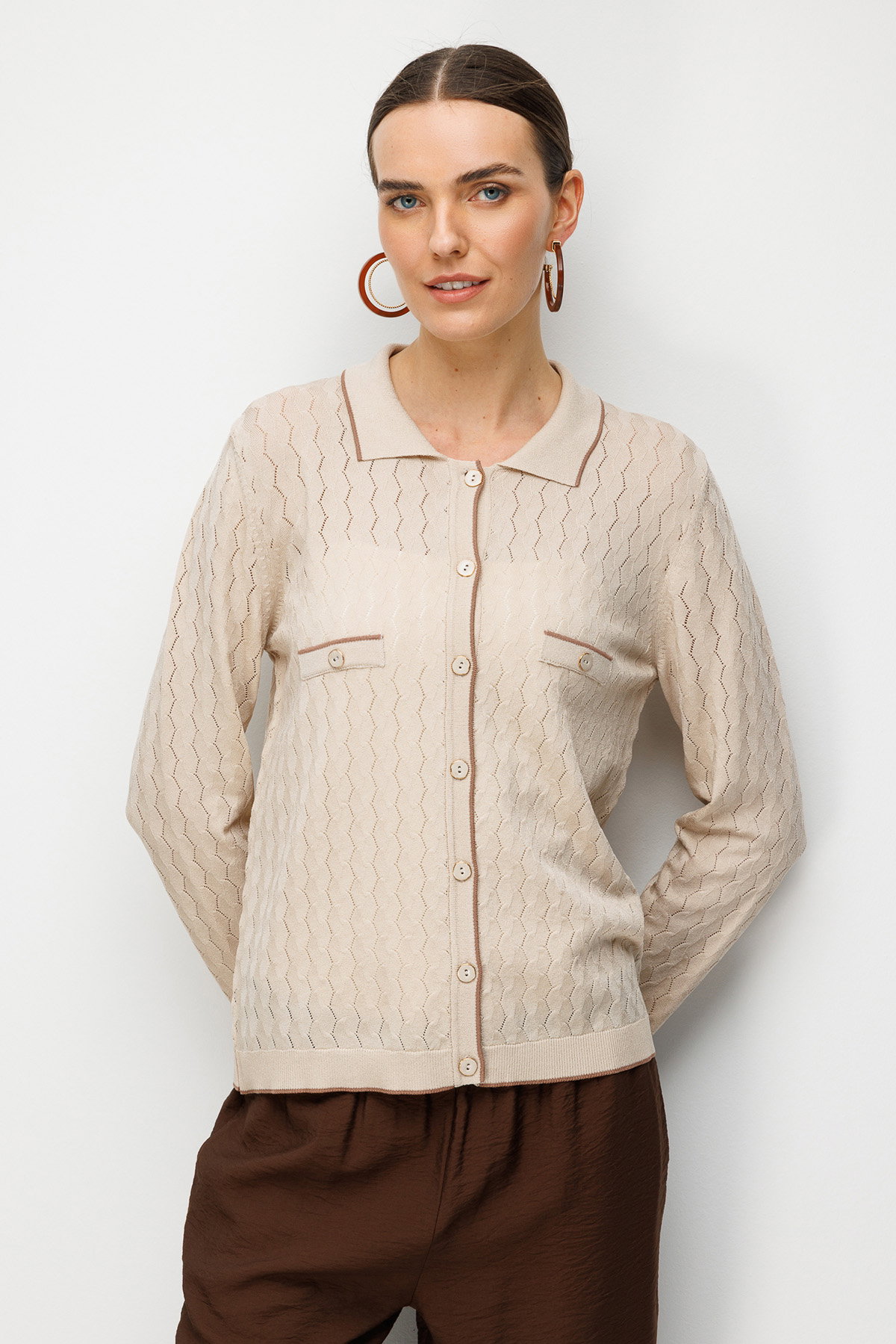 Desen Triko Kadın Polo Yaka Ajurlu Araboy İnce Triko Hırka 26356 Bej - 1