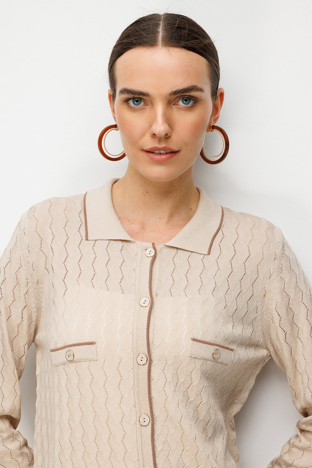 Desen Triko Kadın Polo Yaka Ajurlu Araboy İnce Triko Hırka 26356 Bej - 2