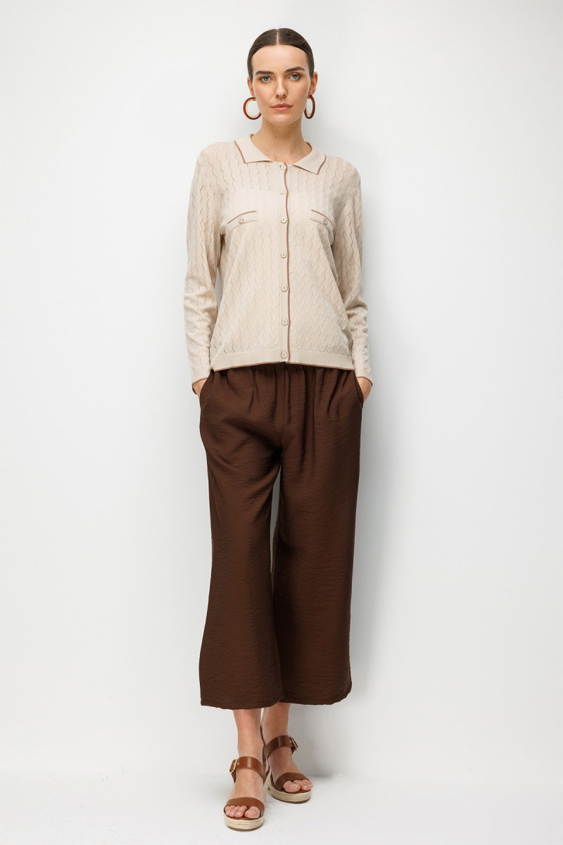 Desen Triko Kadın Polo Yaka Ajurlu Araboy İnce Triko Hırka 26356 Bej - 3