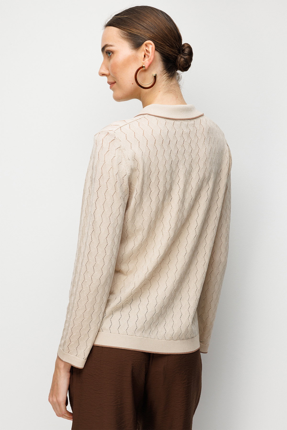 Desen Triko Kadın Polo Yaka Ajurlu Araboy İnce Triko Hırka 26356 Bej - 4