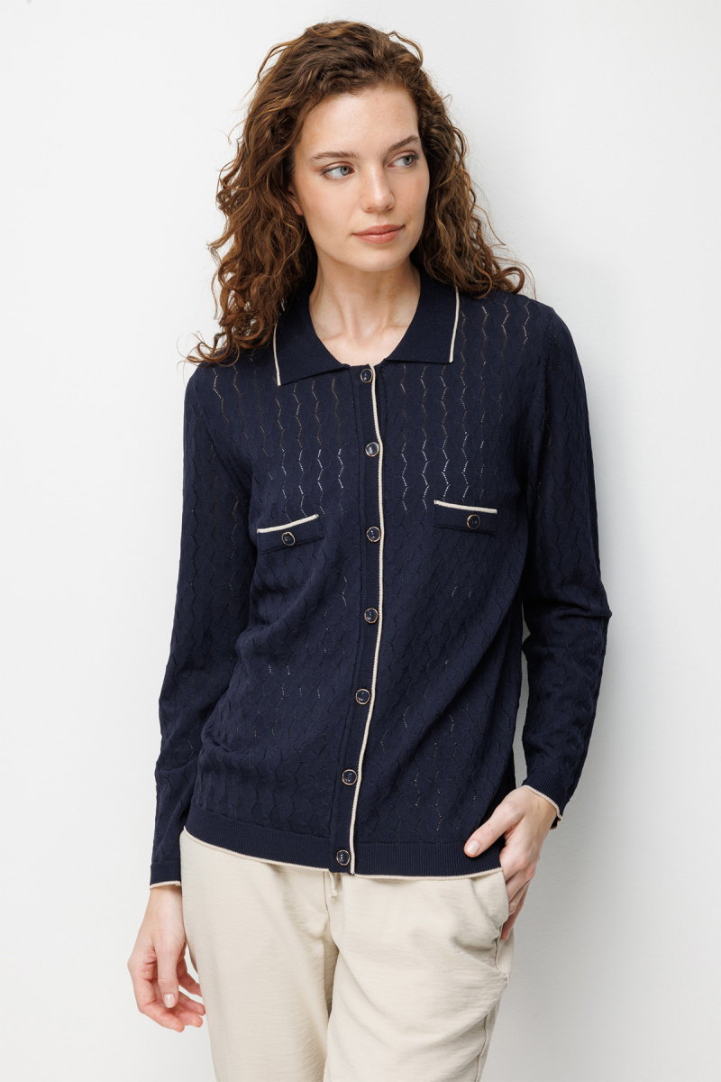 Desen Triko Kadın Polo Yaka Ajurlu Araboy İnce Triko Hırka 26356 Koyu Lacivert - Desen Triko