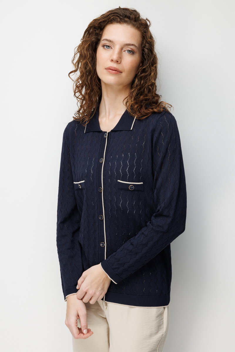 Desen Triko Kadın Polo Yaka Ajurlu Araboy İnce Triko Hırka 26356 Koyu Lacivert - 2