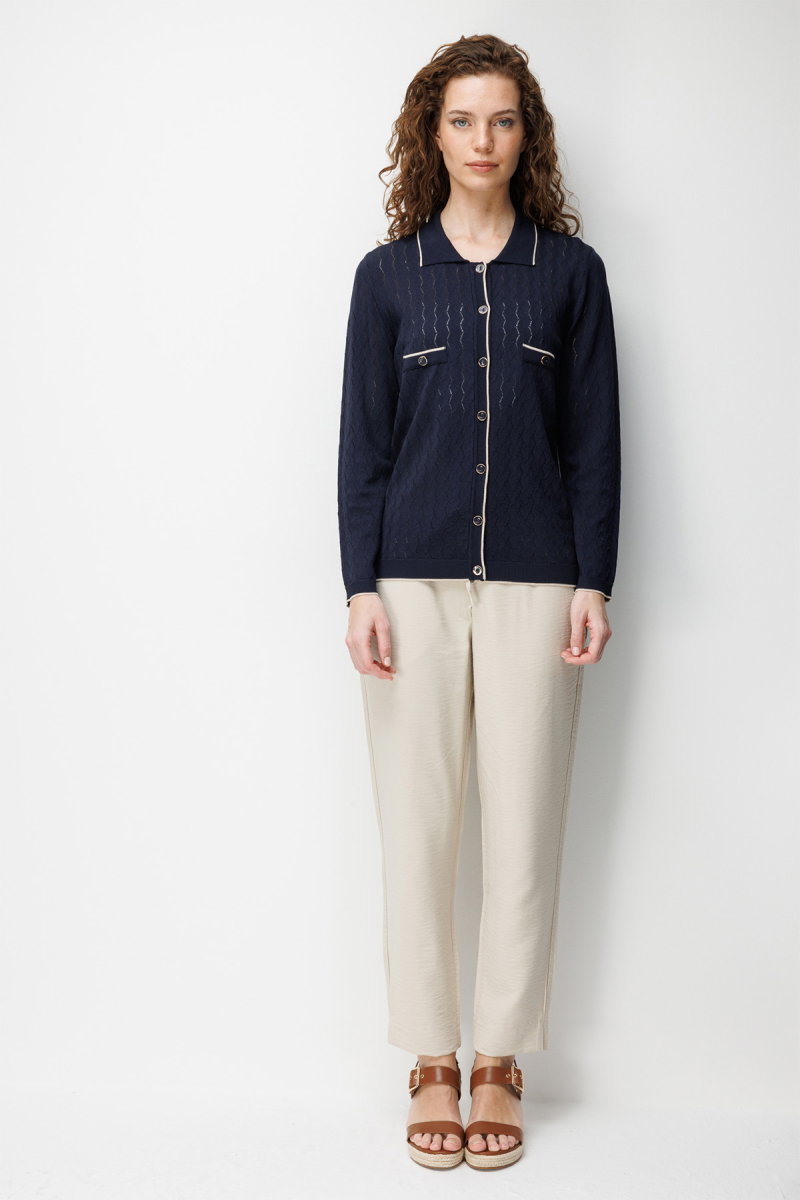 Desen Triko Kadın Polo Yaka Ajurlu Araboy İnce Triko Hırka 26356 Koyu Lacivert - 3