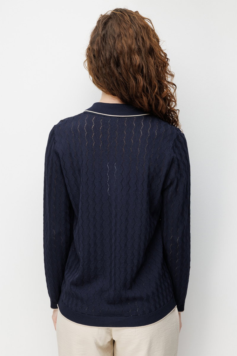 Desen Triko Kadın Polo Yaka Ajurlu Araboy İnce Triko Hırka 26356 Koyu Lacivert - 4