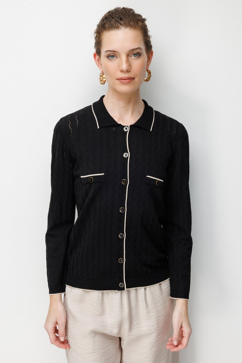 Desen Triko Kadın Polo Yaka Ajurlu Araboy İnce Triko Hırka 26356 Siyah - Desen Triko