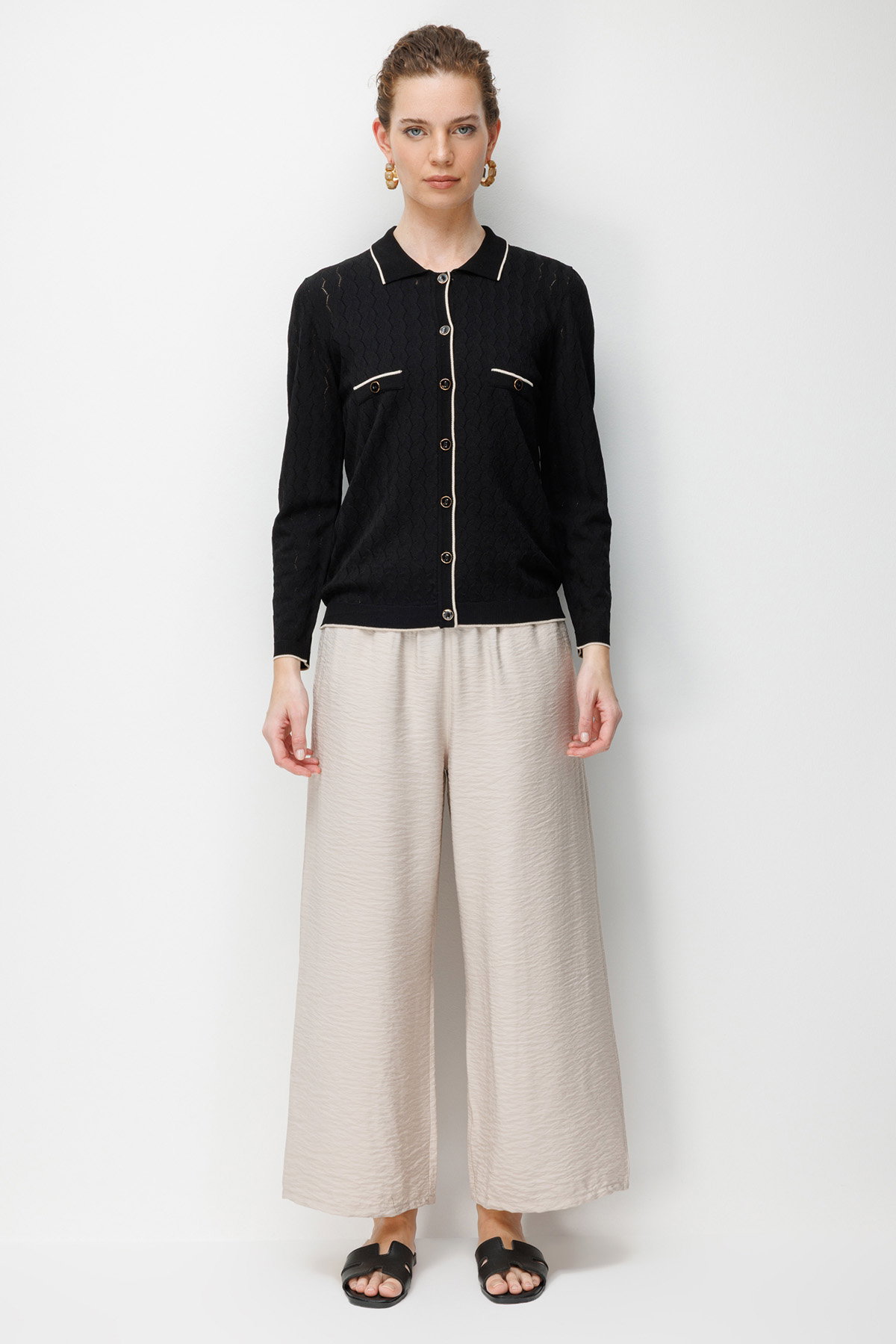 Desen Triko Kadın Polo Yaka Ajurlu Araboy İnce Triko Hırka 26356 Siyah - 2