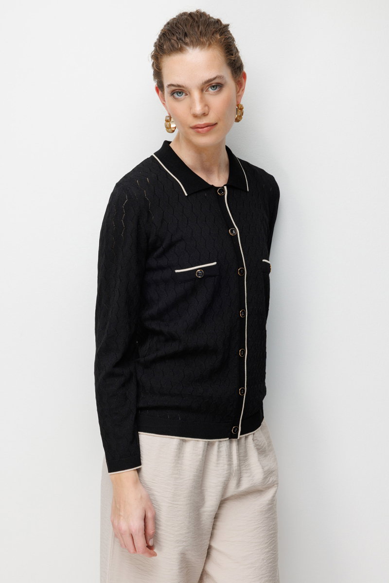 Desen Triko Kadın Polo Yaka Ajurlu Araboy İnce Triko Hırka 26356 Siyah - 3