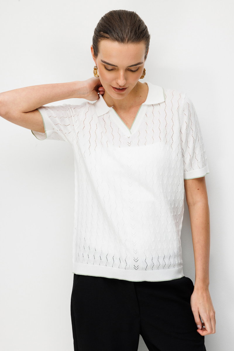 Desen Triko Kadın Polo Yaka Ajurlu İnce Triko Bluz 26355 Kemik - Desen Triko