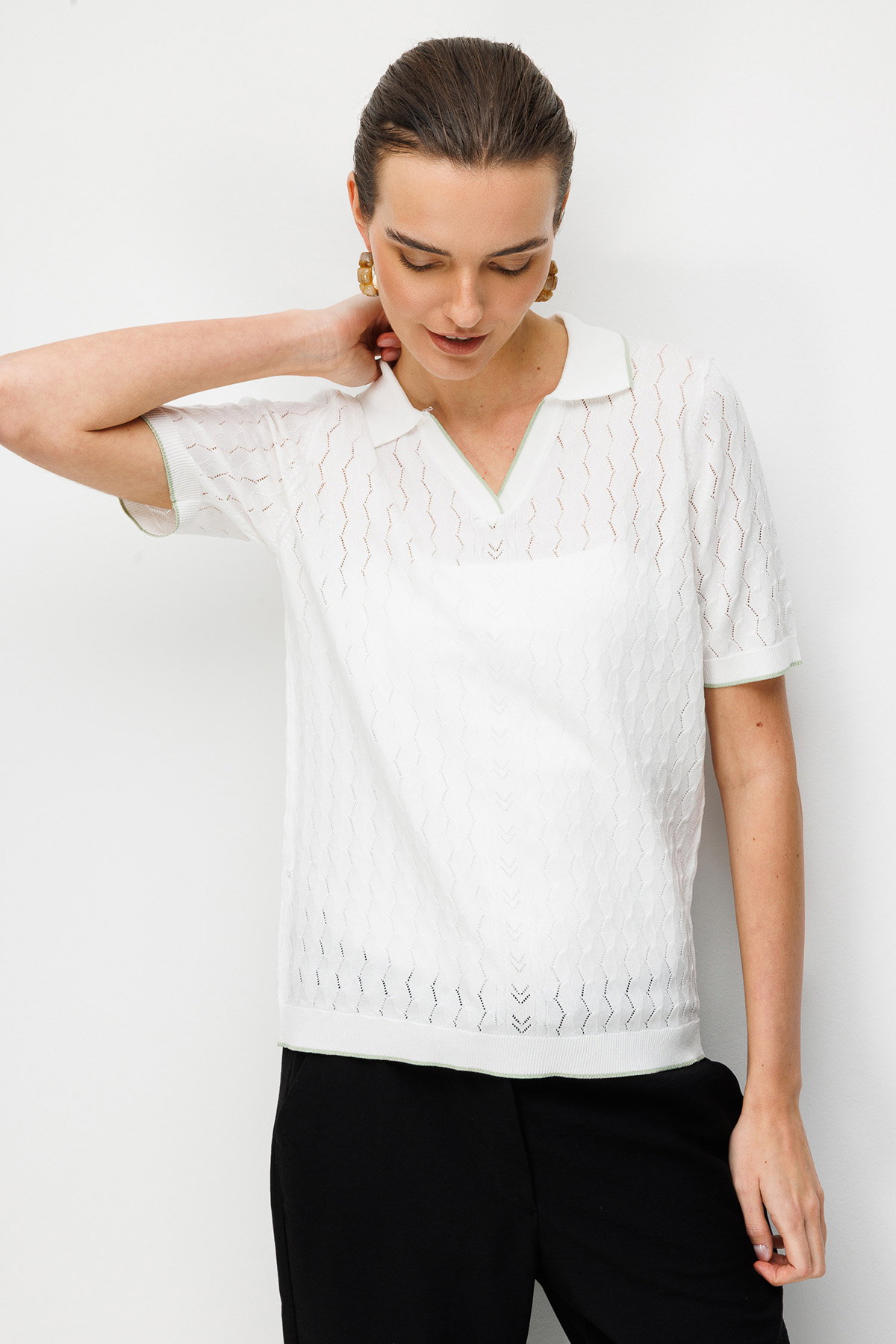 Desen Triko Kadın Polo Yaka Ajurlu İnce Triko Bluz 26355 Kemik - 1