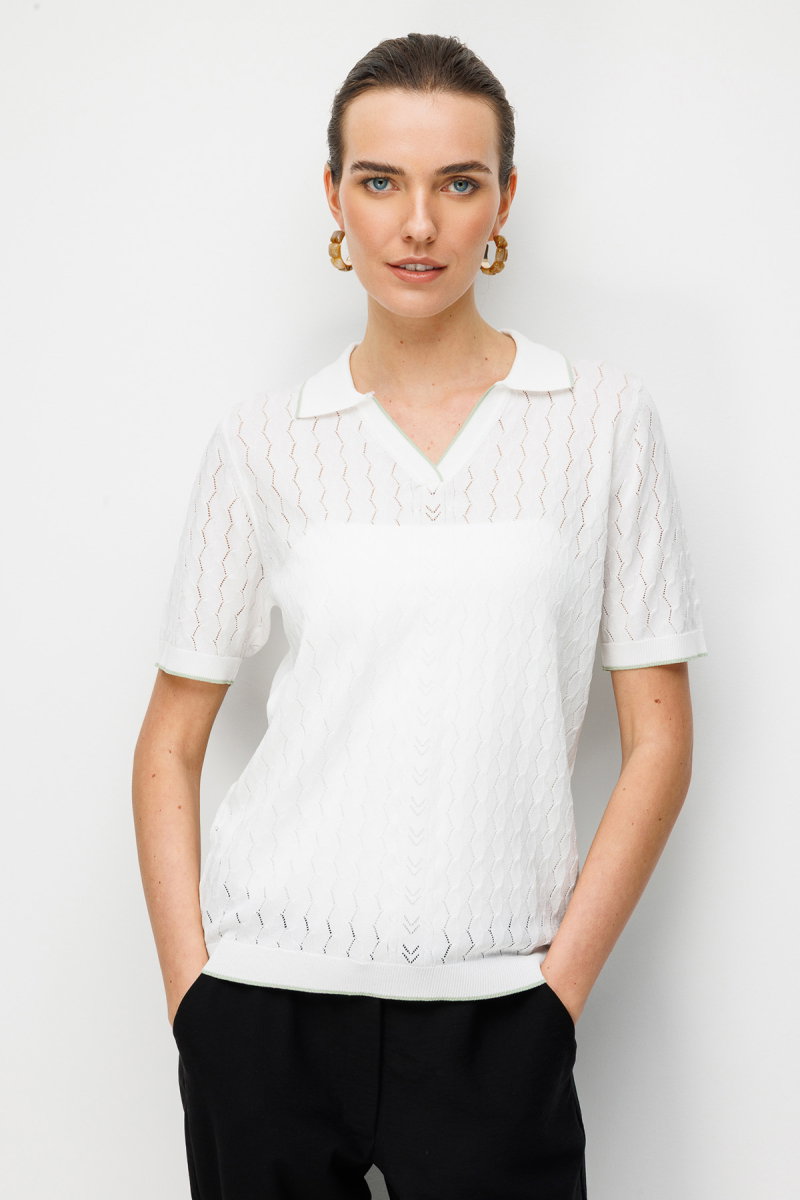 Desen Triko Kadın Polo Yaka Ajurlu İnce Triko Bluz 26355 Kemik - 2