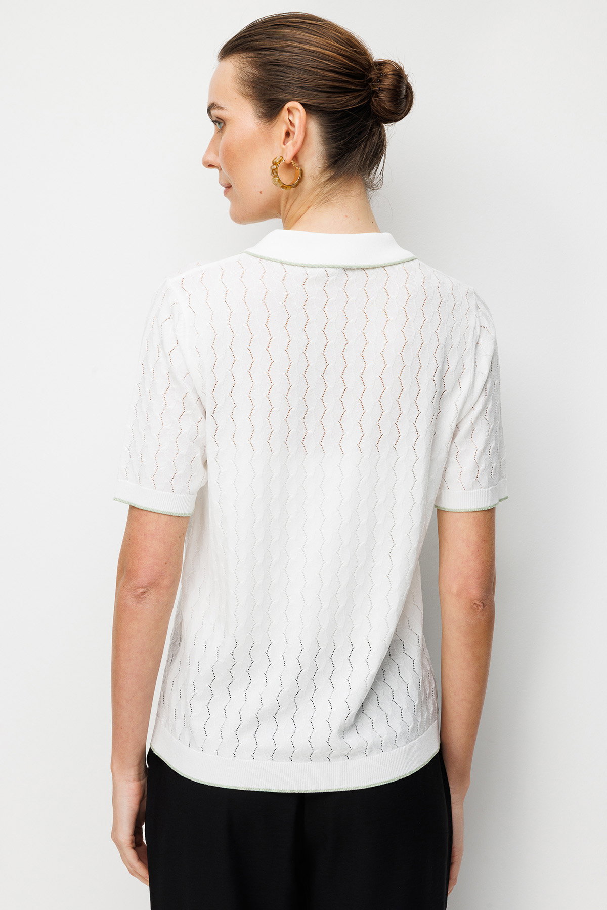 Desen Triko Kadın Polo Yaka Ajurlu İnce Triko Bluz 26355 Kemik - 4