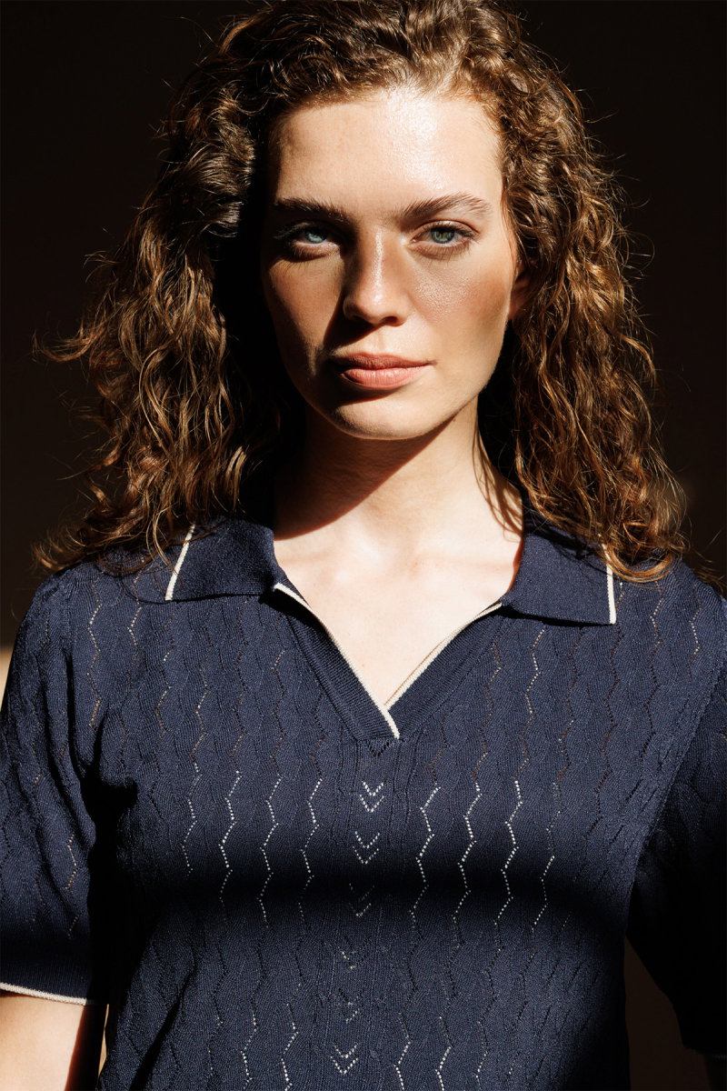 Desen Triko Kadın Polo Yaka Ajurlu İnce Triko Bluz 26355 Koyu Lacivert - 2