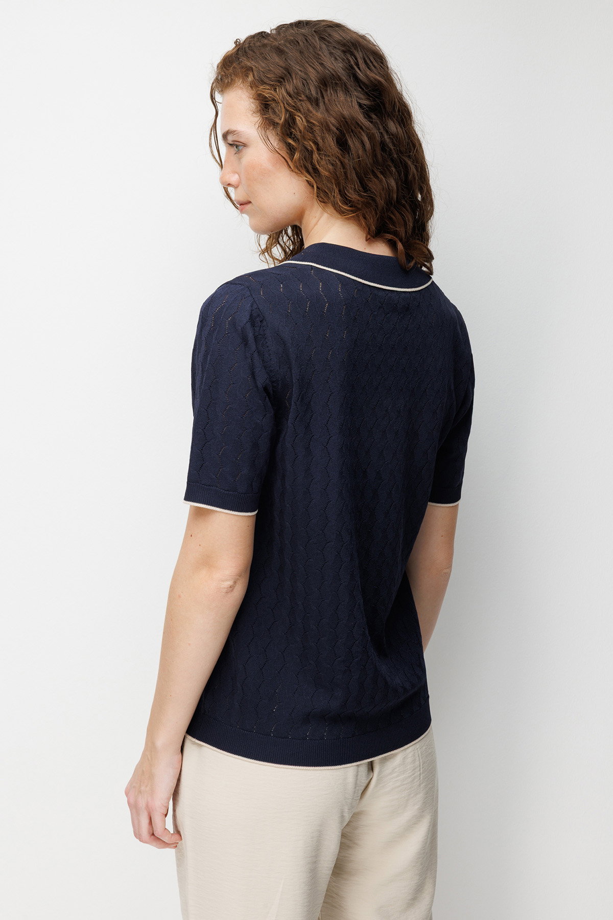 Desen Triko Kadın Polo Yaka Ajurlu İnce Triko Bluz 26355 Koyu Lacivert - 4