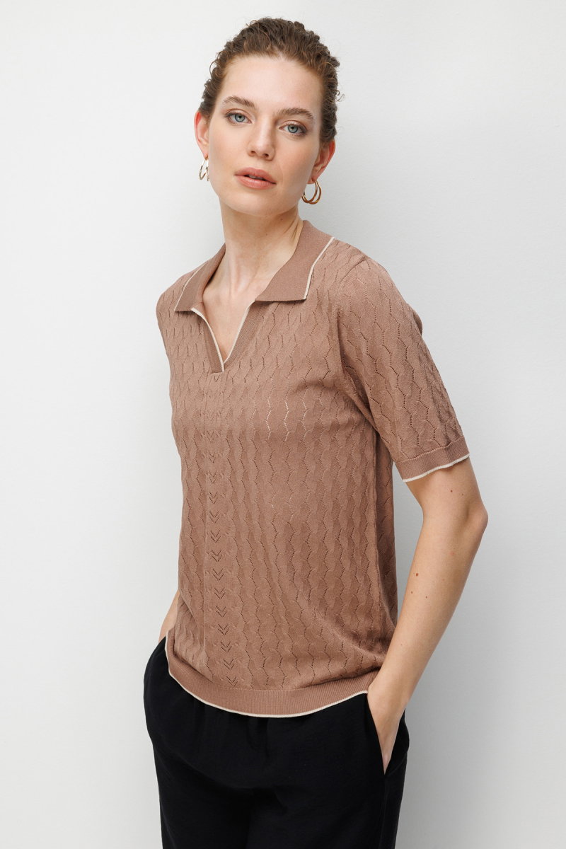 Desen Triko Kadın Polo Yaka Ajurlu İnce Triko Bluz 26355 Mokka - Desen Triko