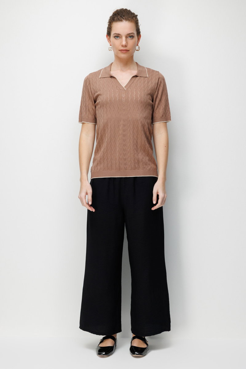 Desen Triko Kadın Polo Yaka Ajurlu İnce Triko Bluz 26355 Mokka - 2