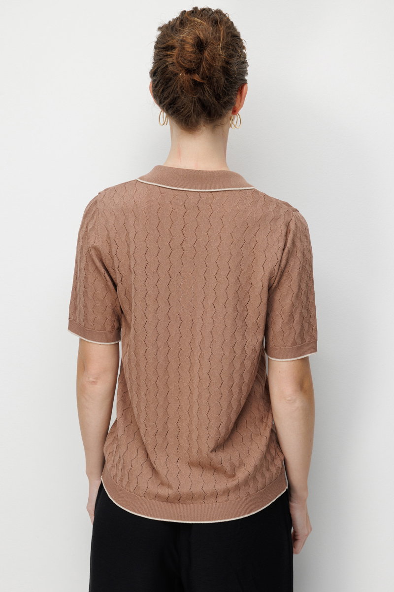 Desen Triko Kadın Polo Yaka Ajurlu İnce Triko Bluz 26355 Mokka - 4