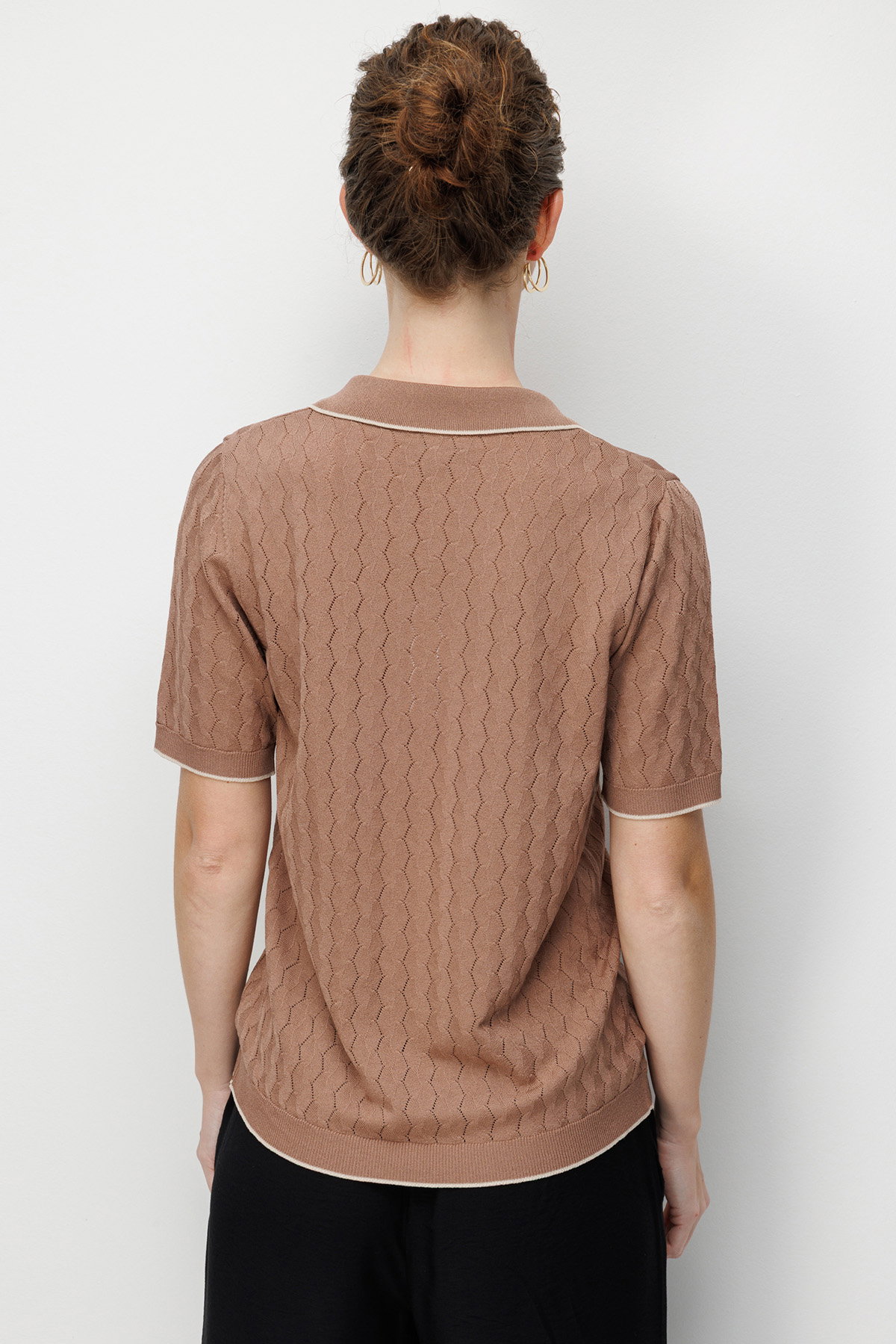 Desen Triko Kadın Polo Yaka Ajurlu İnce Triko Bluz 26355 Mokka - 4