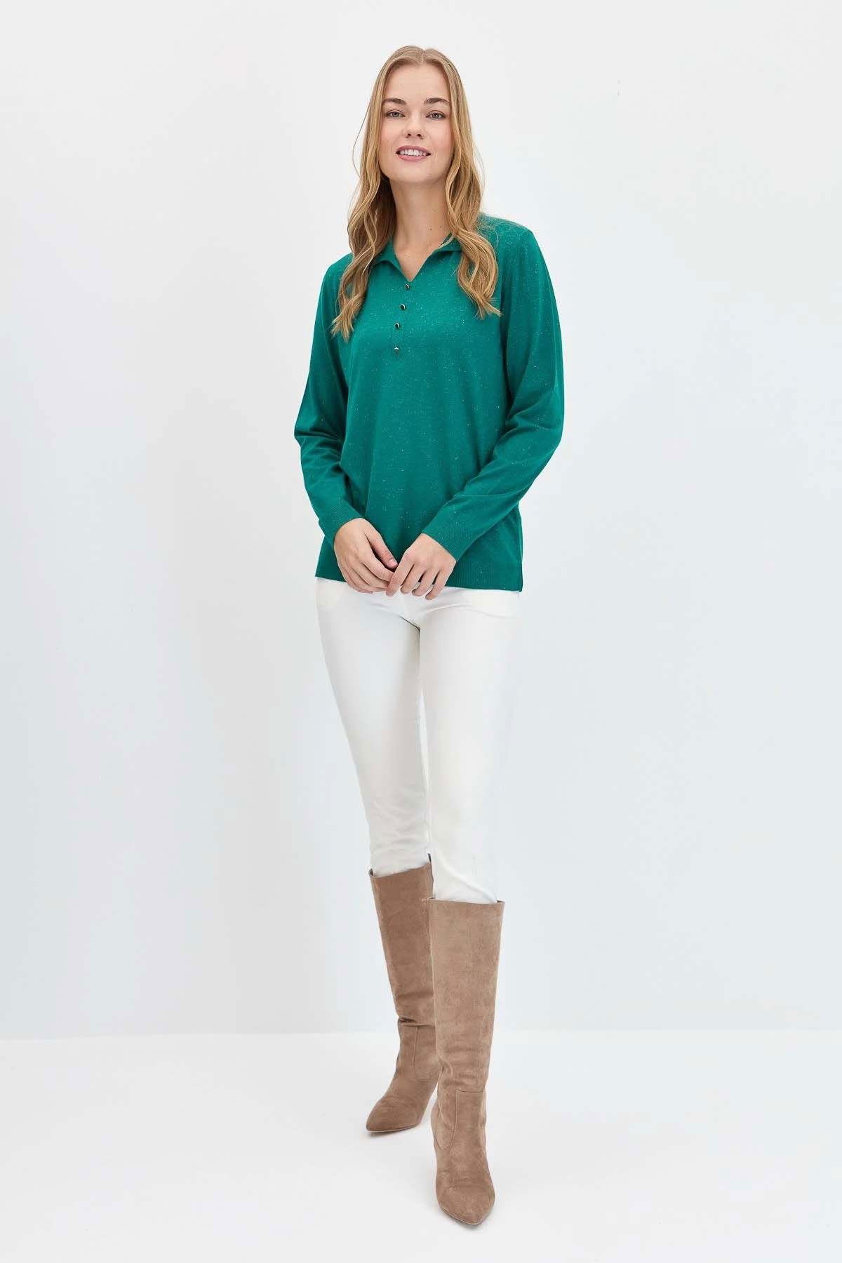 Desen Triko Kadın Polo Yaka Angelina Basic Kazak 23026 A.Ö. Başı - 3