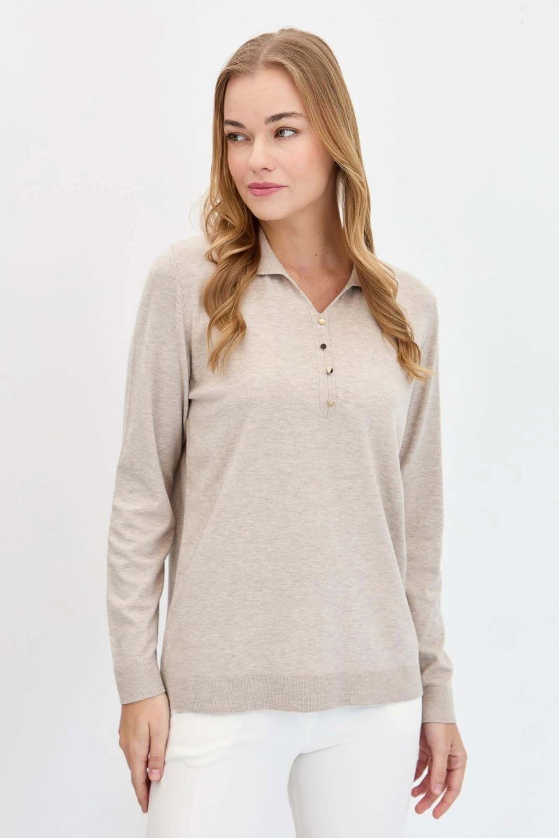 Desen Triko Kadın Polo Yaka Angelina Basic Kazak 23026 B.Melanj - 2