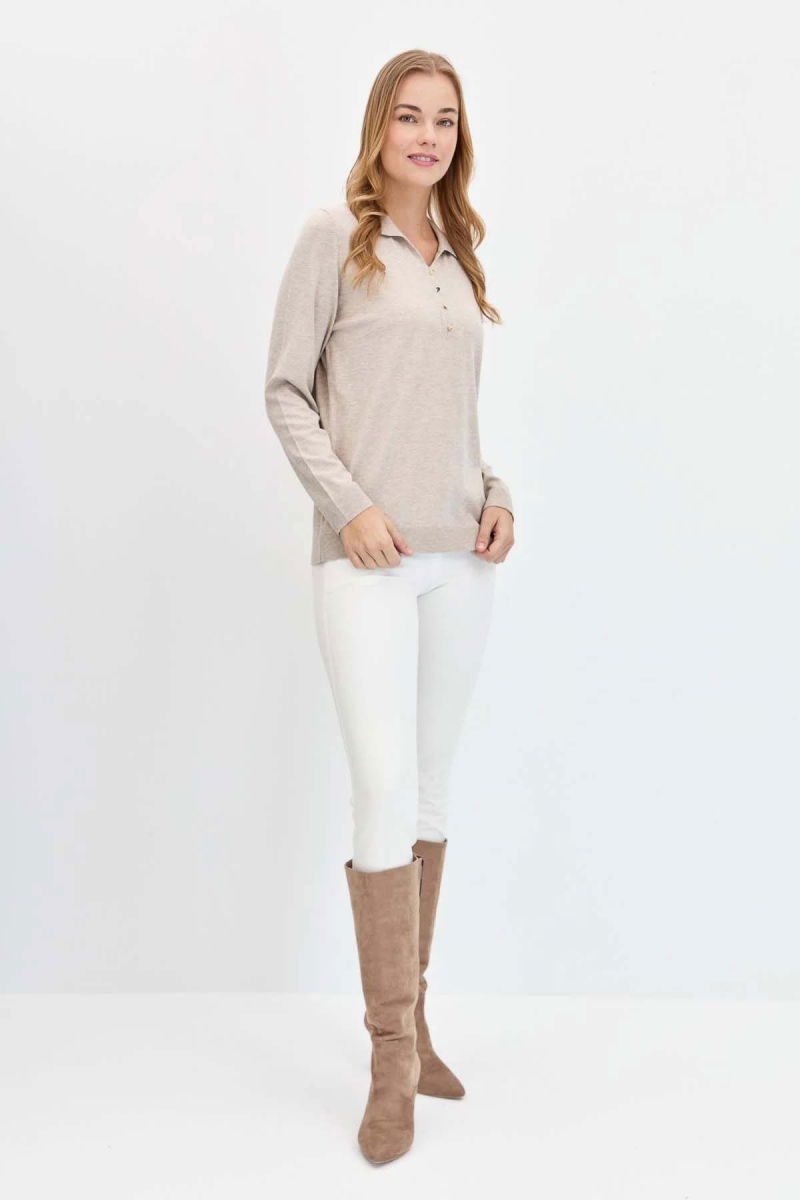 Desen Triko Kadın Polo Yaka Angelina Basic Kazak 23026 B.Melanj - 3