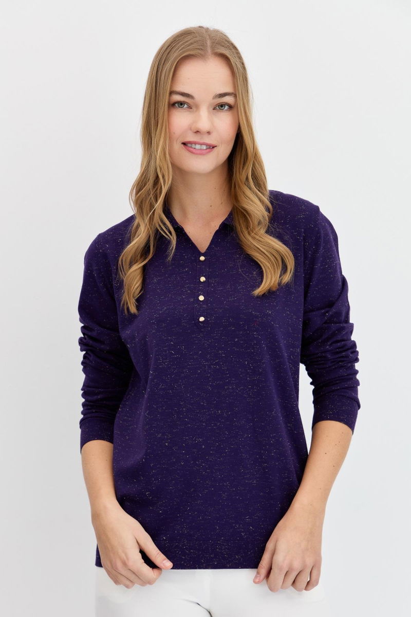 Desen Triko Kadın Polo Yaka Angelina Basic Kazak 23026 K.Mor - Desen Triko