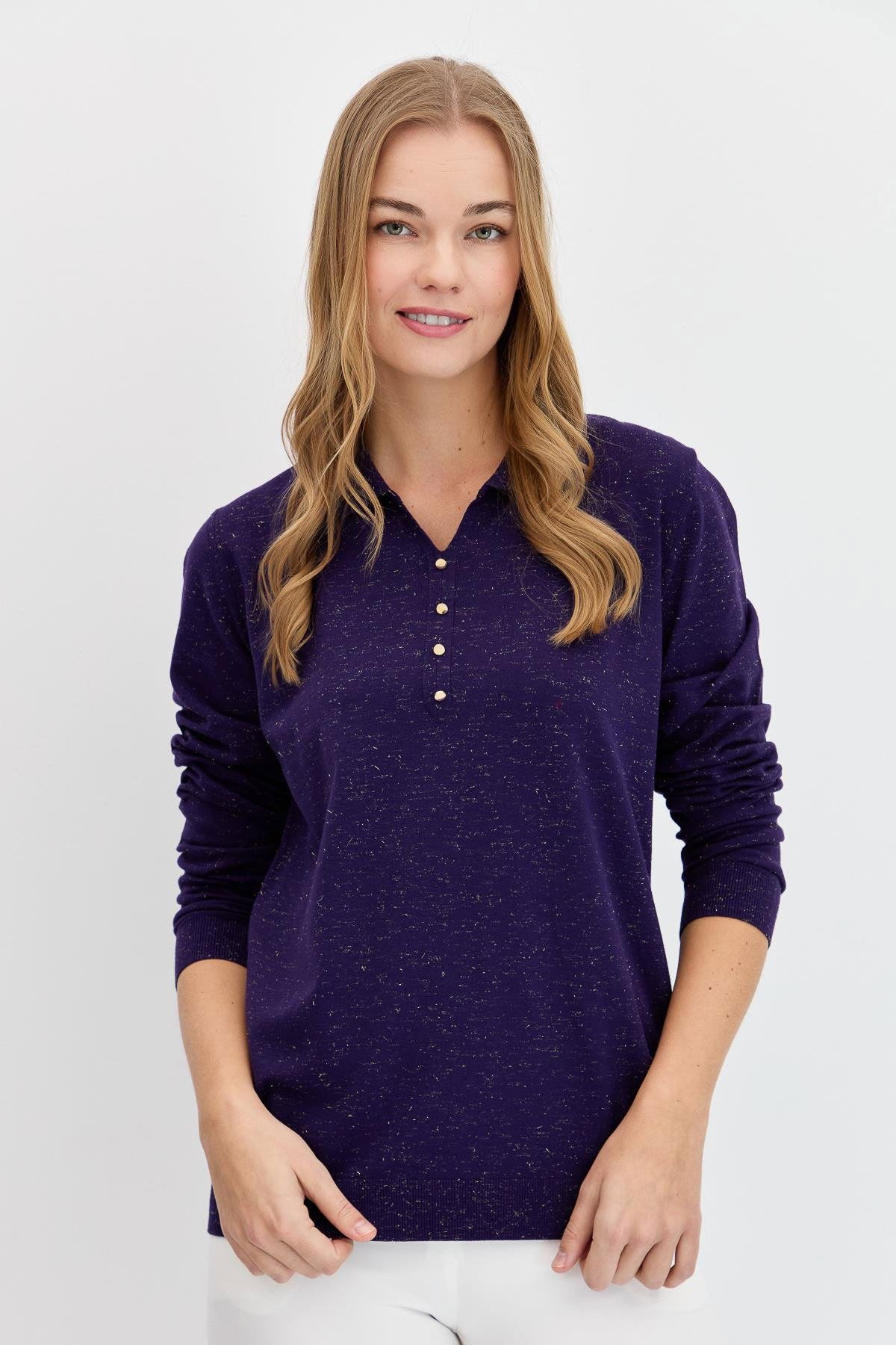 Desen Triko Kadın Polo Yaka Angelina Basic Kazak 23026 K.Mor - 1