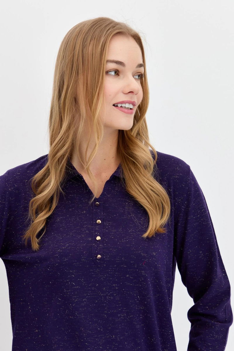 Desen Triko Kadın Polo Yaka Angelina Basic Kazak 23026 K.Mor - 2