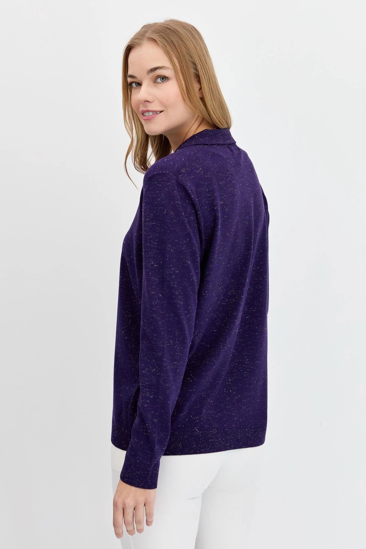 Desen Triko Kadın Polo Yaka Angelina Basic Kazak 23026 K.Mor - 4