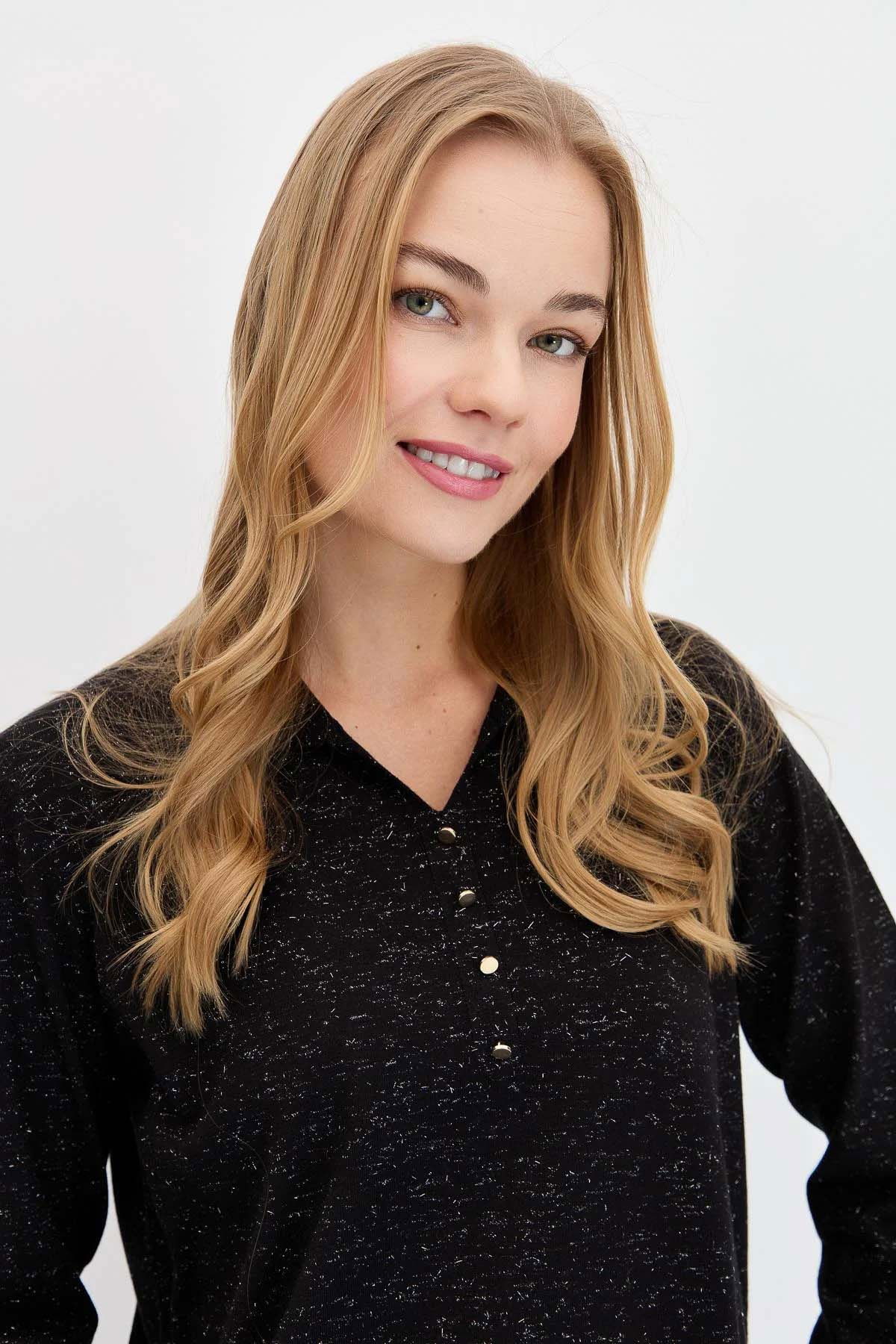 Desen Triko Kadın Polo Yaka Angelina Basic Kazak 23026 Siyah - 1