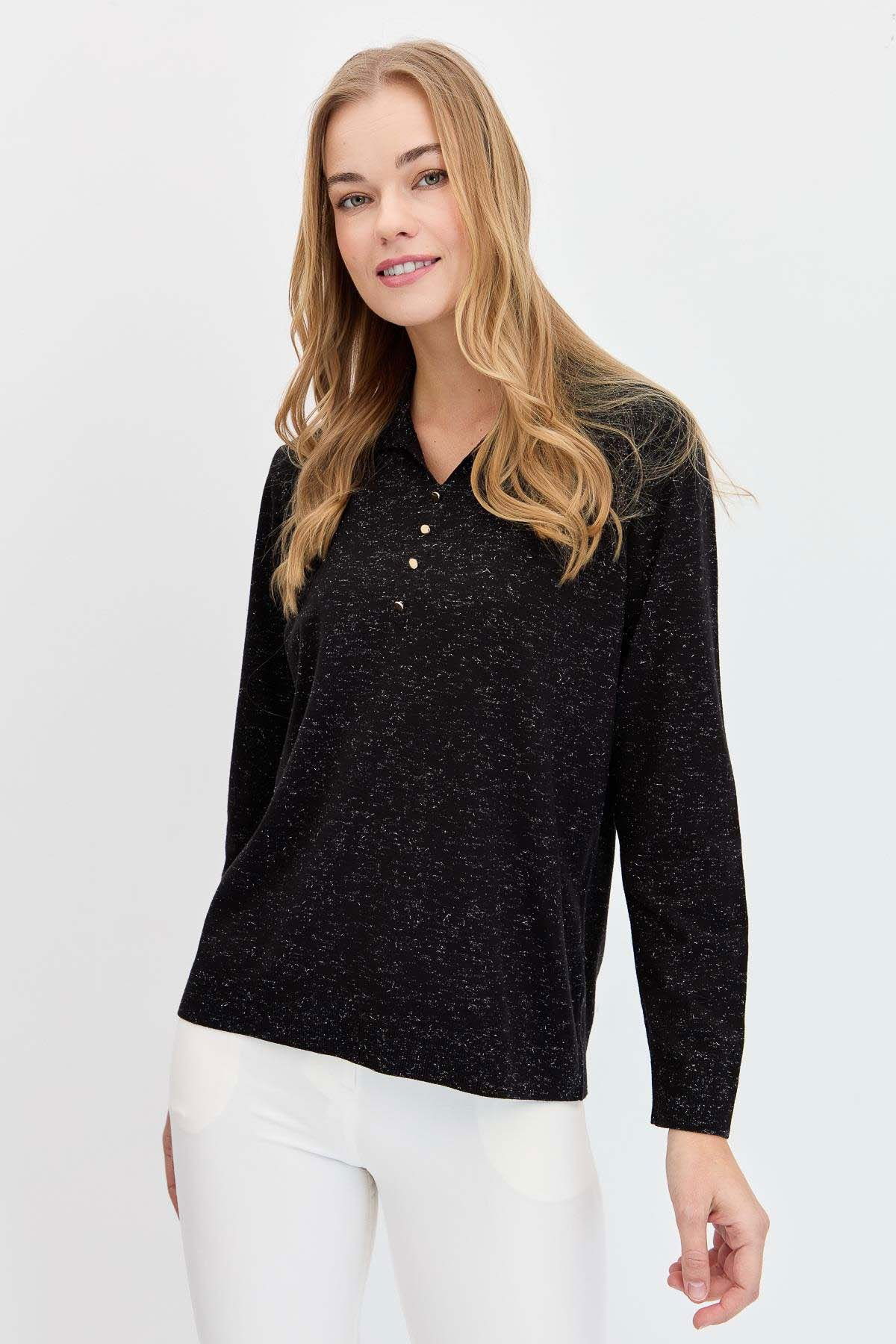 Desen Triko Kadın Polo Yaka Angelina Basic Kazak 23026 Siyah - 2