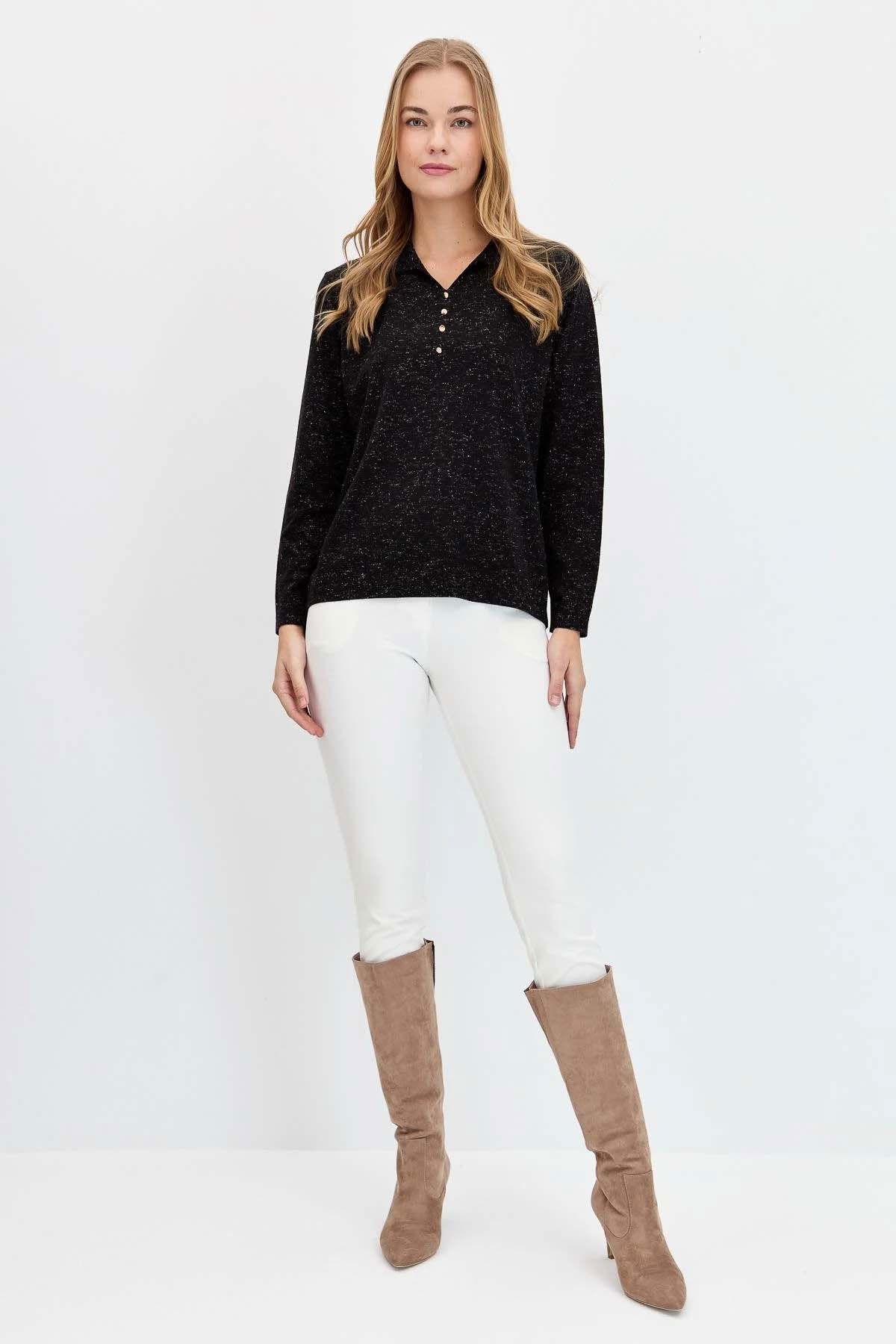 Desen Triko Kadın Polo Yaka Angelina Basic Kazak 23026 Siyah - 3