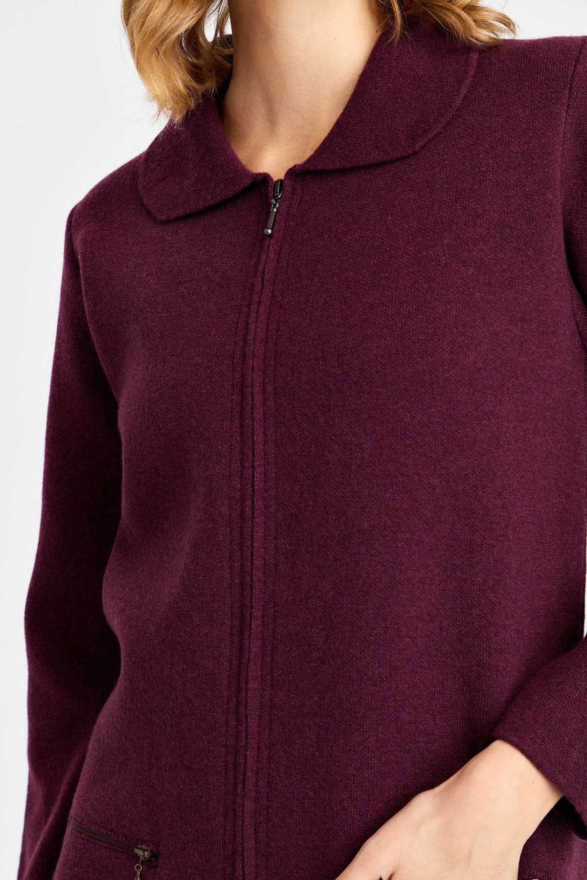 Desen Triko Kadın Polo Yaka Cebi Fermuarlı Yün Hırka 0242128 K.Mürdüm - 3
